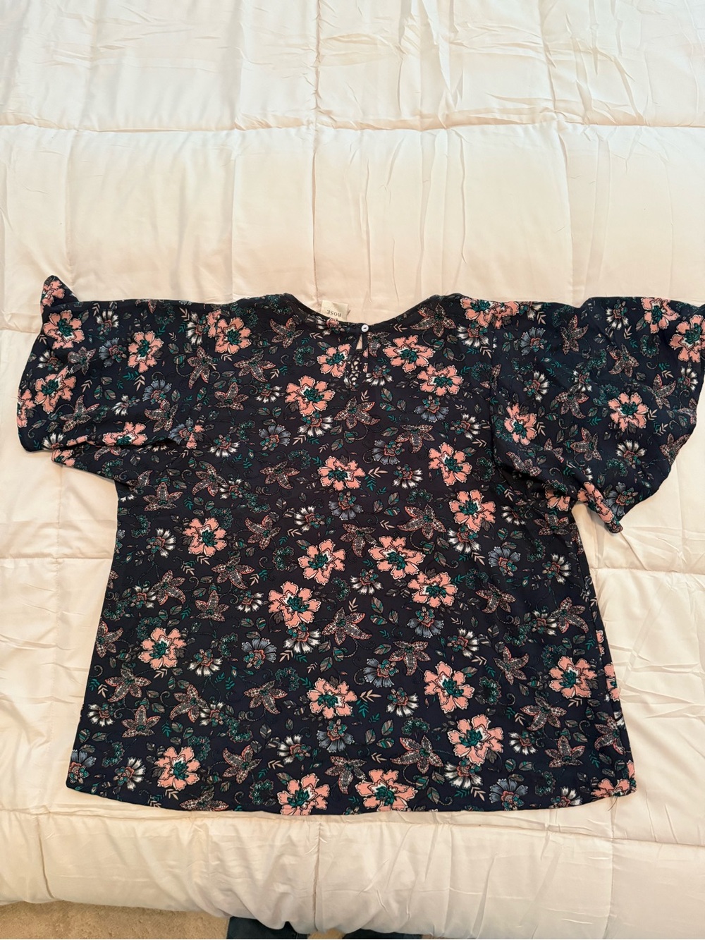 Knox Rose Navy Floral Puff-Sleeve Blouse with Pink Flowers